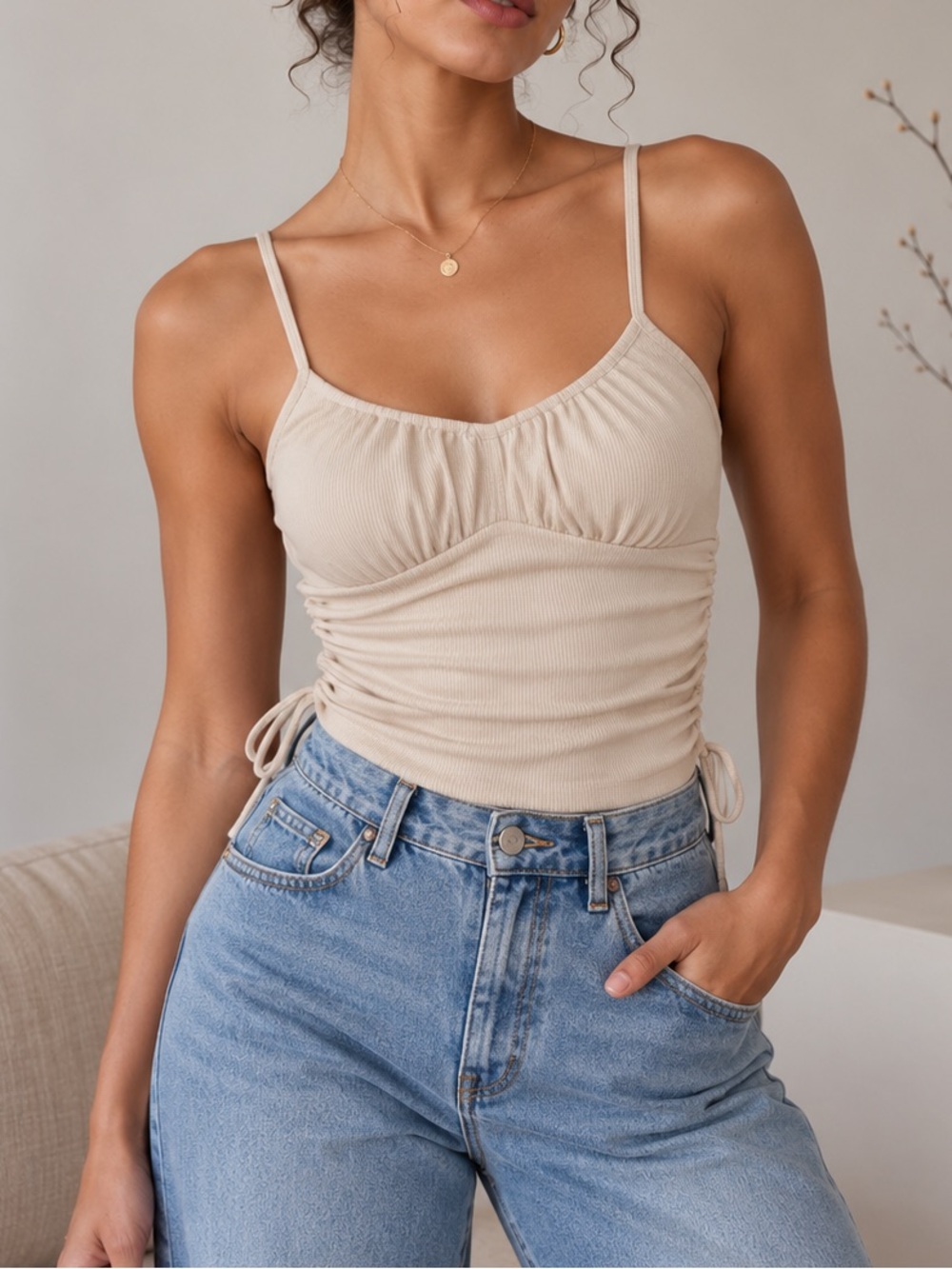 Women's Beige Ruched Ribbed Tank Top